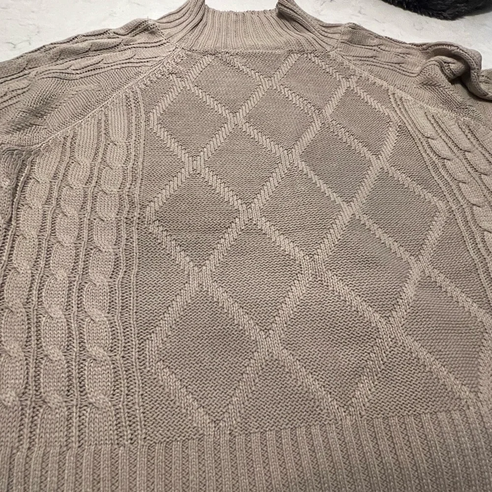 Women's Classic Beige Cable Knit Mock Turtleneck Sweater with Balloon Sleeves